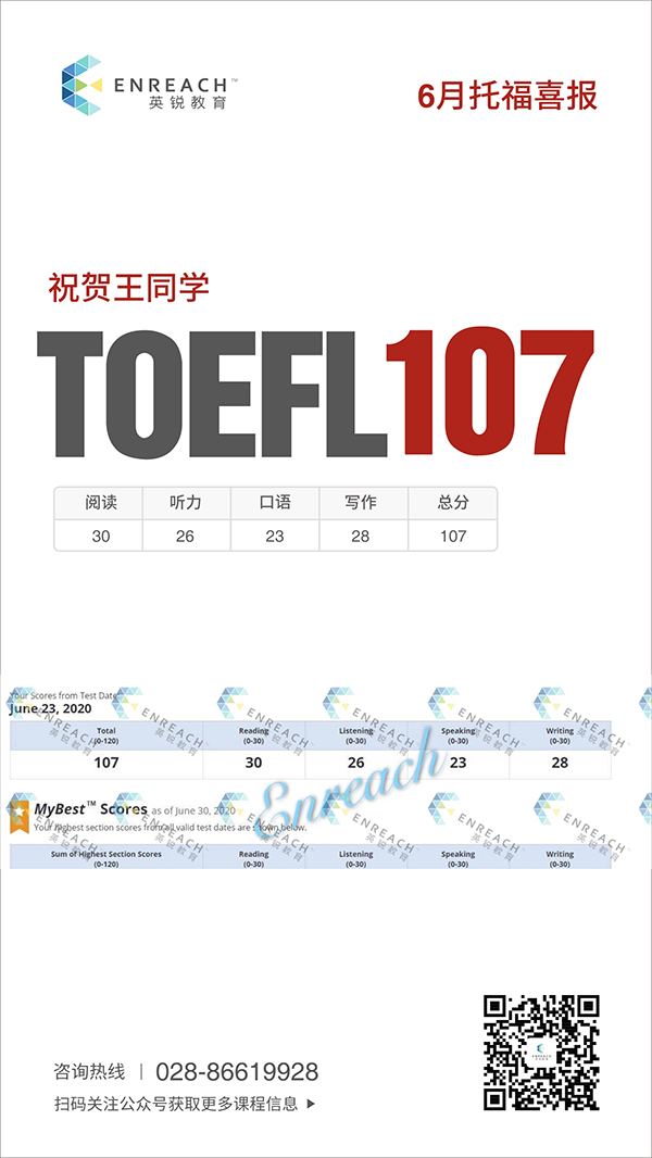 祝贺王同学考获托福107高分