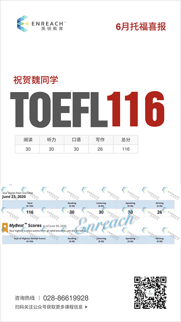 祝贺魏同学考获托福116