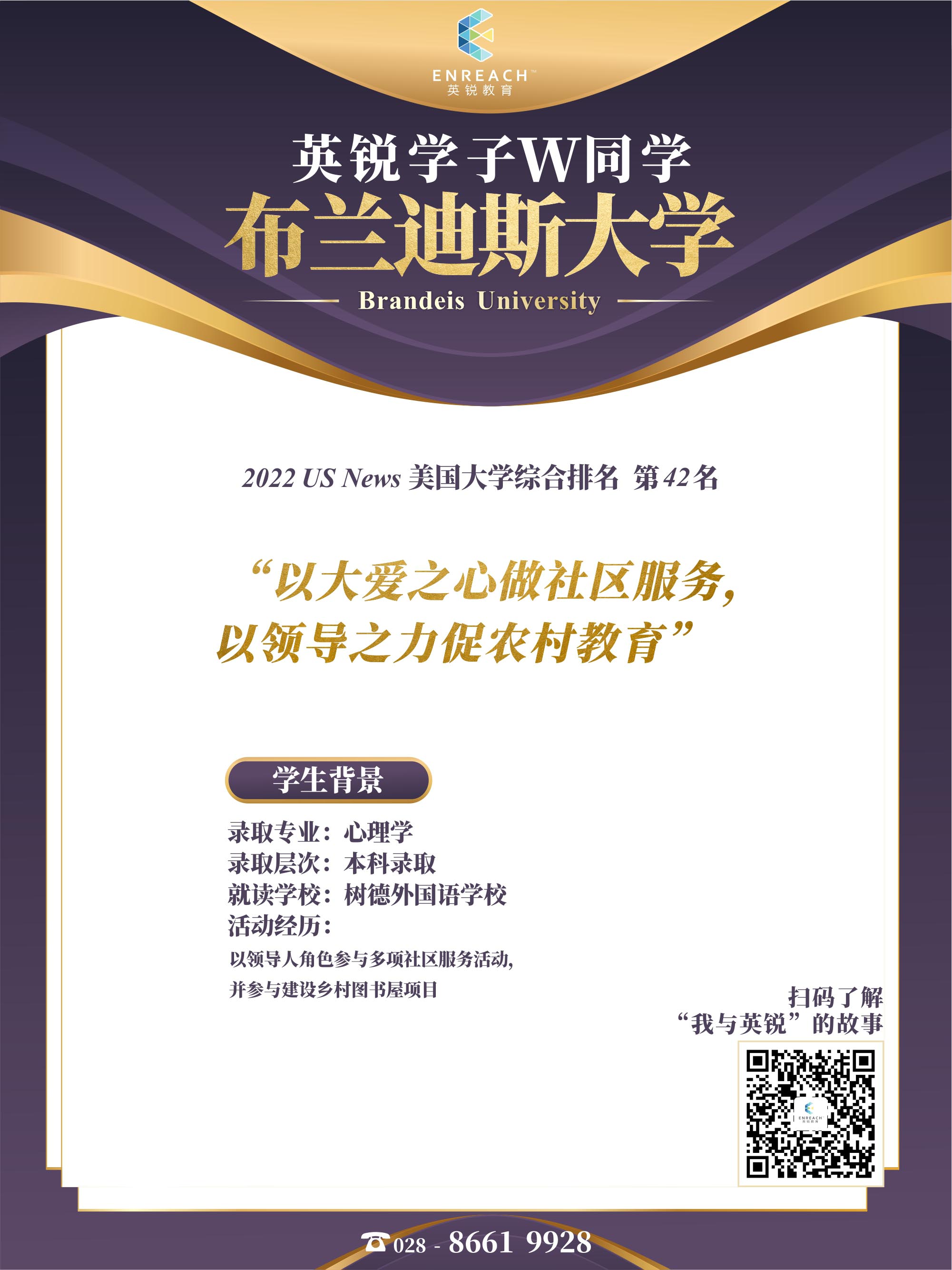 热烈祝贺W同学获得布兰迪斯大学录取
