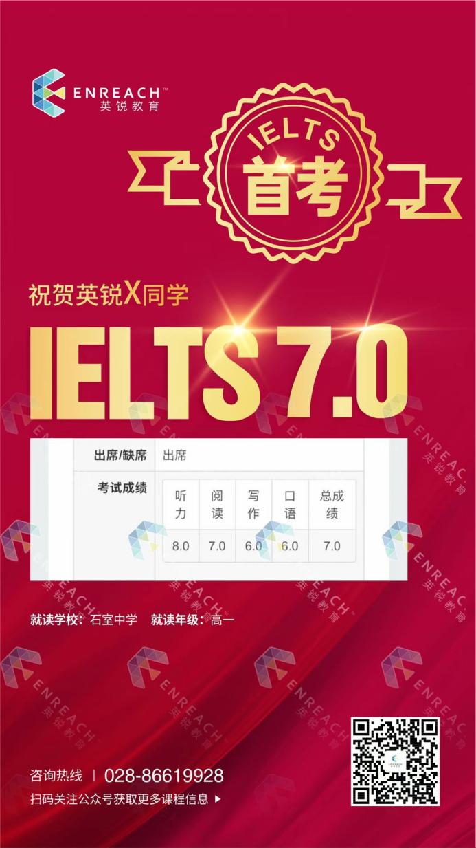 热烈祝贺X同学首考获雅思7.0分
